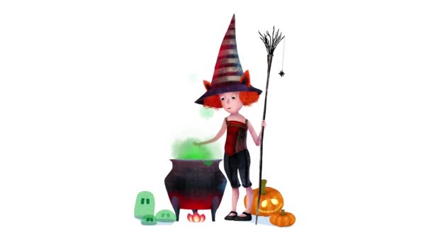 Halloween Animation Fermée Une Petite Sorcière Fait Une Potion Magique — Video