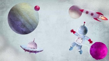 Astronot ve gezegen asteroit ve uçan roketle uzay boşluğu
