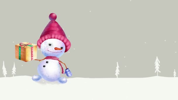 Снеговик Подарком Забавная Анимированная Миниатюра Подходит Рекламы Праздничных Скидок Поздравительной — стоковое видео