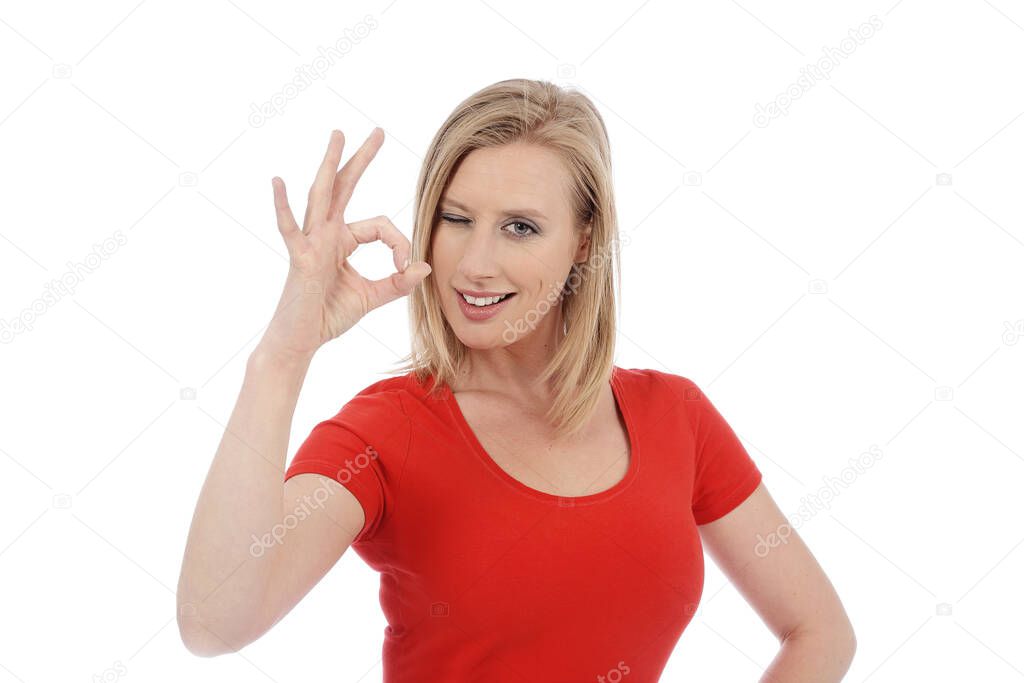 happy young and pretty expressive blonde caucasian woman on white isolated background