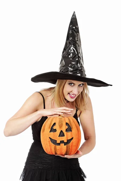 Jong Mooi Blond Heks Vrouw Voor Halloween Met Pompoen Wit — Stockfoto