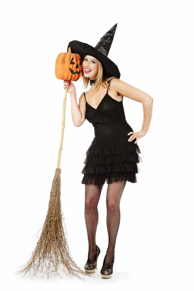 Young Pretty Blonde Witch Woman Halloween Broom Pumpkin White Isolated — Stock Photo, Image