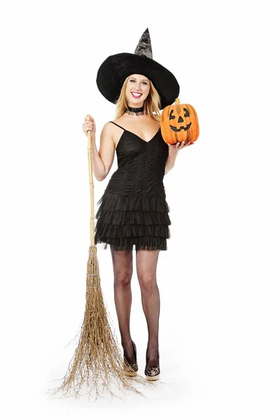 Jong Mooi Blond Heks Vrouw Voor Halloween Met Bezem Pompoen — Stockfoto