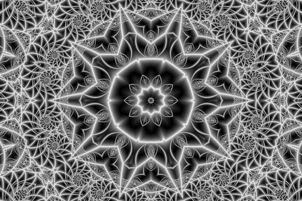 siyah ve beyaz çiçek ve geometrik şekiller şeklinde ışınların bir iç içe şeklinde dairesel bir süs ile soyut arka plan