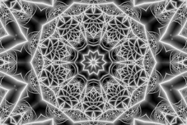 siyah beyaz versiyonunda bir yıldız ve geometrik şekiller şeklinde ışınların bir iç içe şeklinde dairesel bir süs ile uzay tasarımında soyut mandala