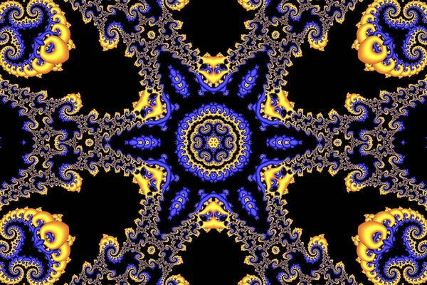 Fundo Abstrato Com Ornamento Circular Azul Amarelo Sobre Fundo Preto — Fotografia de Stock