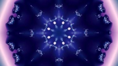 Kozmik mandalanın bir patlama şeklinde açılması ve çeşitli fraktal nesnelerin koyu mavi arka planda görünmesi. 