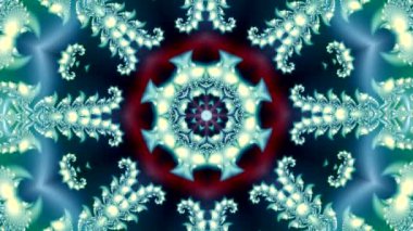 Güzel bir kış yılbaşı arkaplanının canlandırması. Karlı, buz gibi bir fraktal deseni var. Soyut kar taneleri ve yıldızların görüntüsü var.