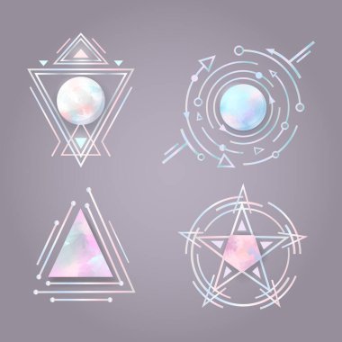 Pentagramda sihirli taşlar. Yarı değerli taşlar ve sihirli semboller. Kristal küre ve simya işaretleri. Gerçekçi vektör illüstrasyonu.