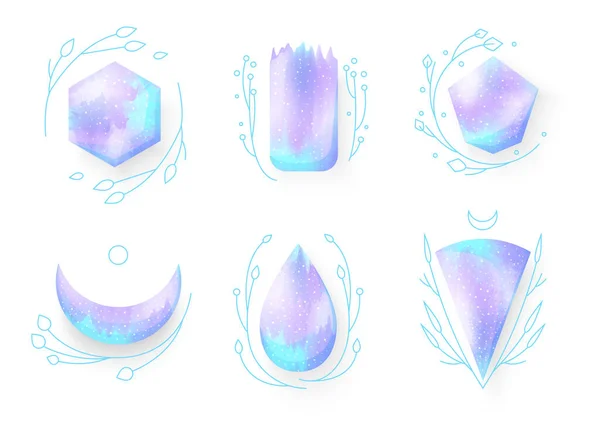Geometrik Desenlerle Çerçevelenmiş Sihirli Mavi Kristaller Sihirli Taşları Olan Beş — Stok Vektör