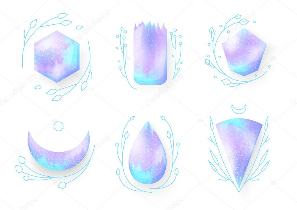 Magical blue crystals framed by geometric patterns. Pentacles with magic stones. Realistic gems, vector illustration.