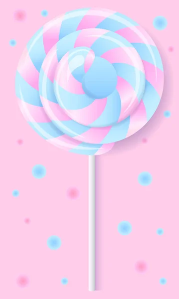 Big Realistic Lollipop Pink Blue Candy Stick Memphis Style — Stock Vector
