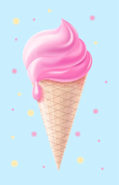 3D çilekli dondurma, pembe pasta kreması, vektör mavi arka plan.