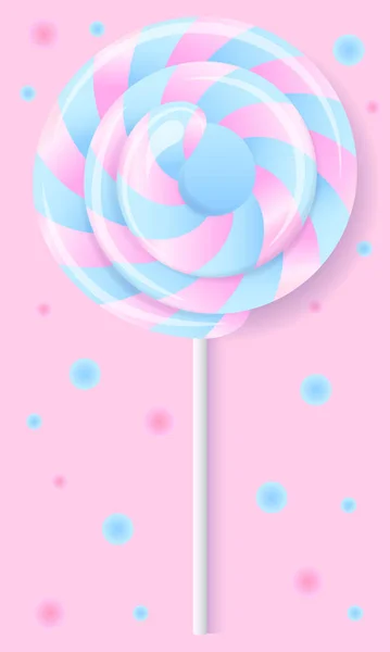 Gran Piruleta Realista Rosa Azul Dulces Palo Estilo Memphis — Vector de stock