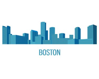 Düz tarzda gökdelenler ve yüksek katlı binalar ile aşağı şehir Amerikan manzara bir vektör. Nehirden Boston manzarası
