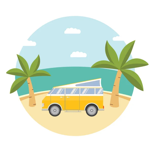 Літній Тропічний Пейзаж Піщаними Пальмовими Пляжними Деревами Туристичним Фургоном Вектор — стоковий вектор