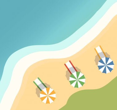 Vektör ada cenneti bir manzara beach.op görünümü ile bir afiş. Dinlenmek için deniz kıyısındatropikal plaj. Denizcilik otel.plaj havlusu