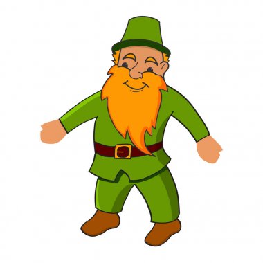 Sakallı, yeşil şapkalı bir gömlek ve pantolon giyen ve çizmeli leprechaun giyen küçük adam. Karikatür mutlu leprechaun. Bir St Patrick's Day.In düz stil vektör için karakter.