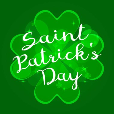 Aziz Patrick Günü yeşil arka plan üzerinde bir vektör bir yazıt. Bokeh bulanık yeşil ışıklar fon. Vintage Vektör tasarım tebrik kartı veya poster. Şenlikli tebrik afişi. İrlanda ulusal tatili