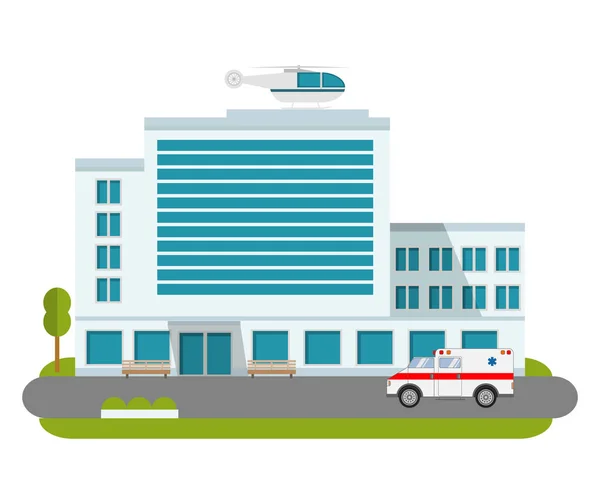 Ambulans düz tarzı ve araba ve tıbbi bakım helikopter ile Şehir hastane binası karikatür modern. Şehir tıp kliniği. Web sitesi için tasarım öğesi, bir afiş, bir poster, broşürler.
