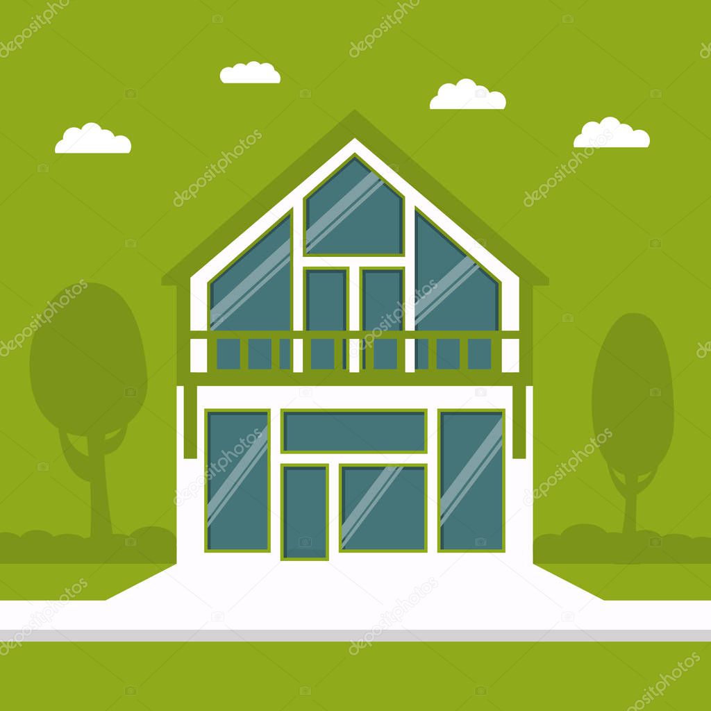 Country cottage in flat style a vector  on a green background. Eco-friendly House of the future. A townhouse in Eco style for protection of the nature.