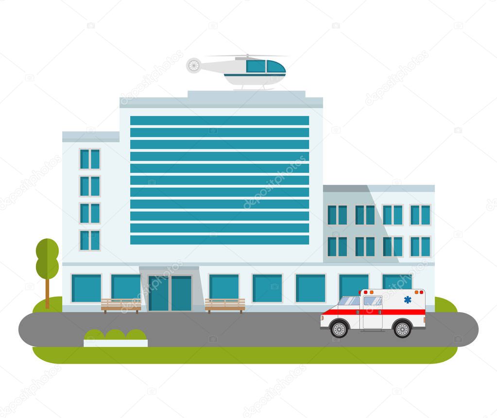 City hospital building cartoon modern with ambulance flat style and the car and the helicopter of medical care. City medical clinic.Design element for the website, a banner, a poster, leaflets.