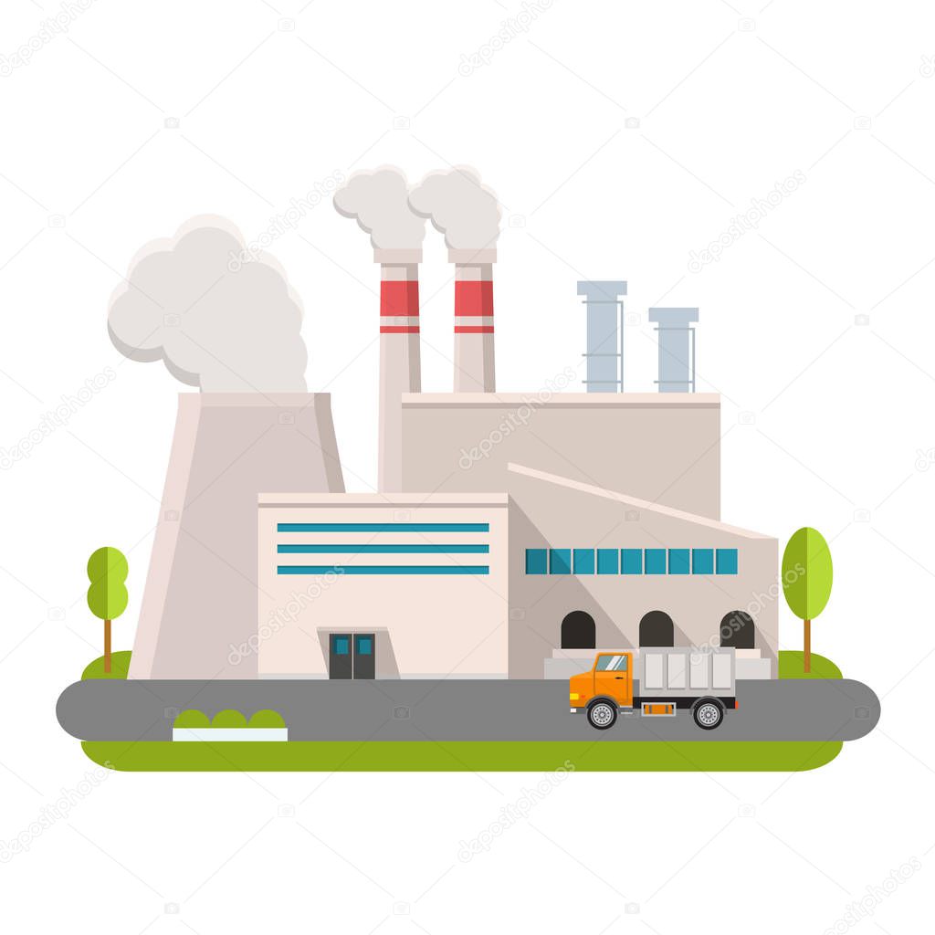 Industrial factory in flat style a vector an illustration.Plant or Factory Building. road tree window facade.Manufacturing factory building. industrial building concept.Eco style factory