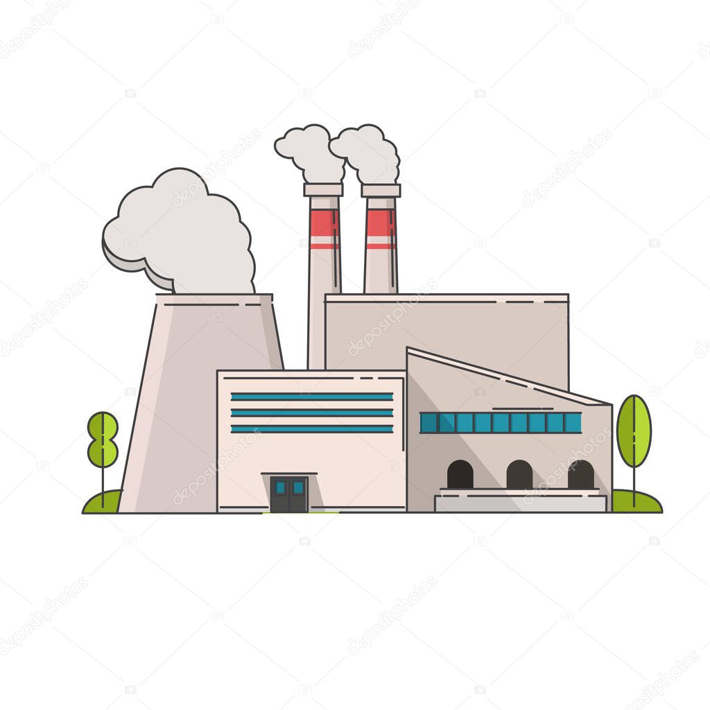 Industrial factory in flat style a vector an illustration.Plant or Factory Building. road tree window facade.Manufacturing factory building. industrial building concept.Eco style factory line