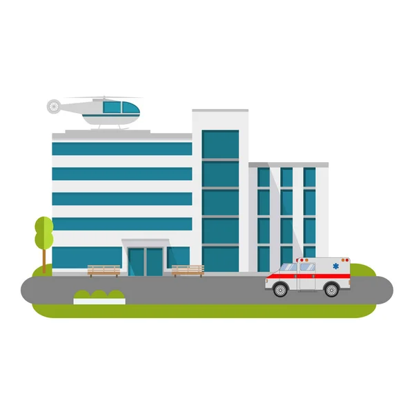Städtisches Krankenhausgebäude Mit Krankenwagen Flachen Stil Und Auto Und Hubschrauber — Stockvektor