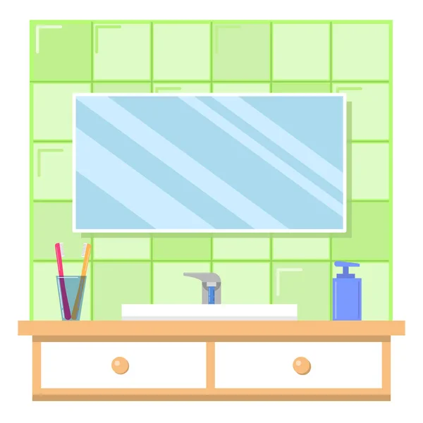 家具付きのバスルームのインテリア 緑色のセラミックタイルでレイアウトされた壁 シンクとクレーン歯ブラシと液体石鹸 ボックスフラットベクトルを持つテーブルトップ ウェブサイトストアのゲームデザイン — ストックベクタ