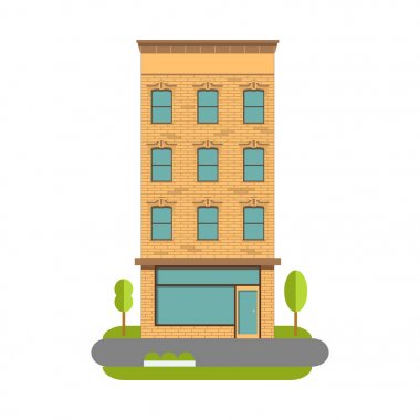 Şehir evi düz tarzda bir vektör bir illüstrasyon kentsel manzara. Eski bina. Dükkan ile çok katlı apartman evi. Birinci katta dükkanı olan yüksek katlı bina. Şehir konut binası