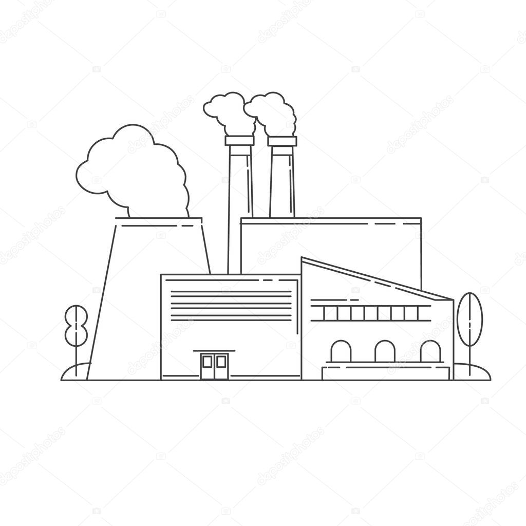 Icon with the plant Industrial factory in flat line art vector.Plant or Factory  Building.Manufacturing factory building. industrial building concept.Eco style factory.City landscape