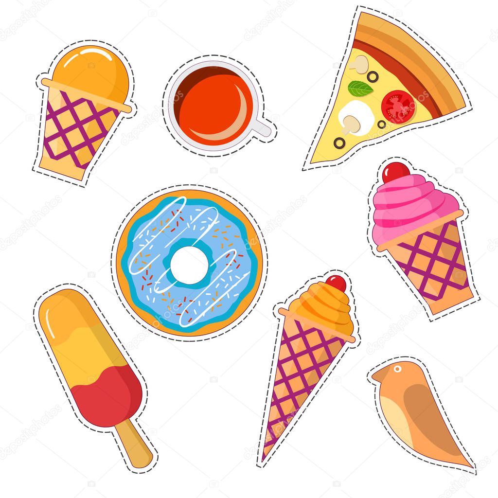 Stickers set of  food patch in pop art style in 80s-90s.Vector badges and pins cartoon with a wafer cup of ice cream, horn with ice cream, an eskimo, a birdie, a cup of coffee and tea, pizza, a donut.