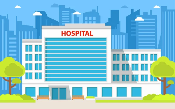 Hastane binası. Sağlık Kurumu. Şehir Ambulansı Tıbbi Bakım Tesisi. Düz stil vektörü. Gelişim ve sağlık merkezi maskesi. mimar kliniği.