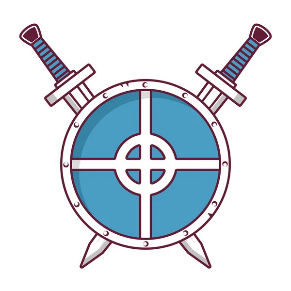 Askerlerden oluşan silah ve zırhlı askeri teçhizat. İskandinav ortaçağ kalkanı kılıçlarını çaprazladı. Web sitesi için bir simge. Crusader 'ın yönetim kurulu. Tasarım dövmesi kavramı. Düz vektör. Eski bir antika silahı..
