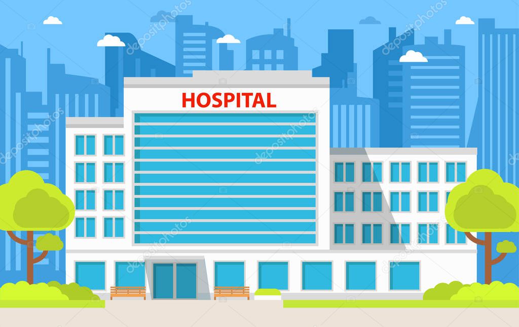 Hospital building. Medical institution.City ambulance medical care.Healthcare facility.Flat style vector.Facade of improving and health center.Architecture  clinic.Urban tower skyscrapers.Trees,bushes