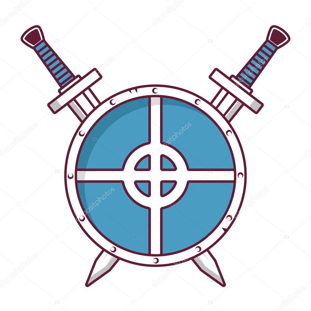 Weapon and armor military equipment of soldiers. Scandinavian medieval shield crossed swords. An icon for the website. Crusader's board.Concept design tattoo. Flat vector.Ancient antiquarian weapon.