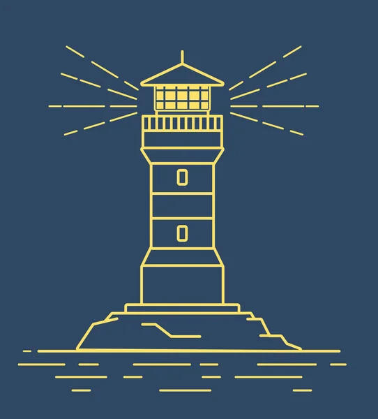 Lighthouse Lighting Sea Flat Line Art Vector Cartoon Architecture Tower — Stock Vector