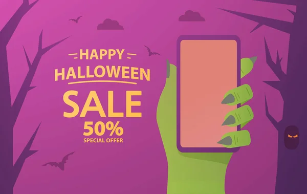 Зеленая рука зомби держит смартфон. Хэллоуинская распродажа праздничного баннера. — стоковый вектор