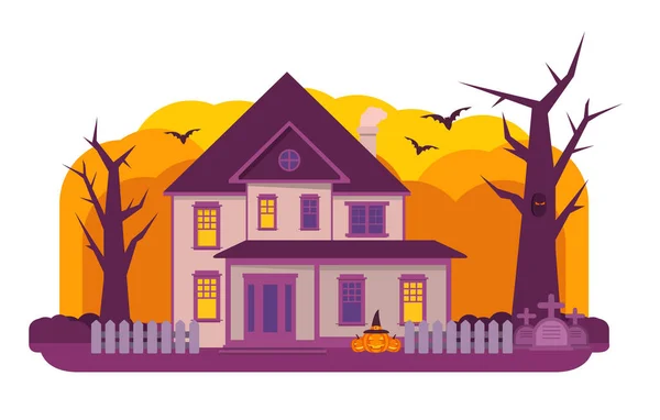 Halloween haunted house.Old cemetery gravestone.Autumn holiday banner. — Stock Vector
