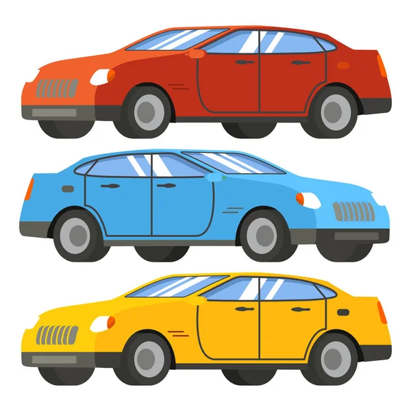 Conjunto de carros em vermelho, azul, amarelo. Moderno sedan de quatro portas. —  Vetores de Stock