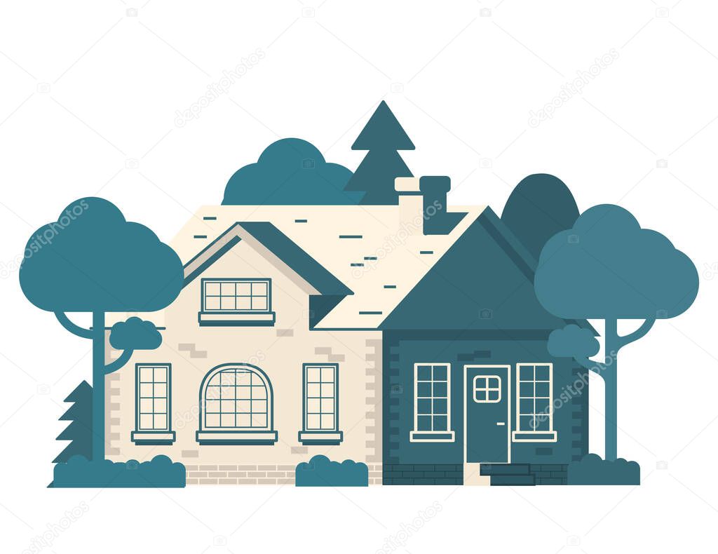 Rural house. Cottage and trees. Summer landscape country house. Flat vector.