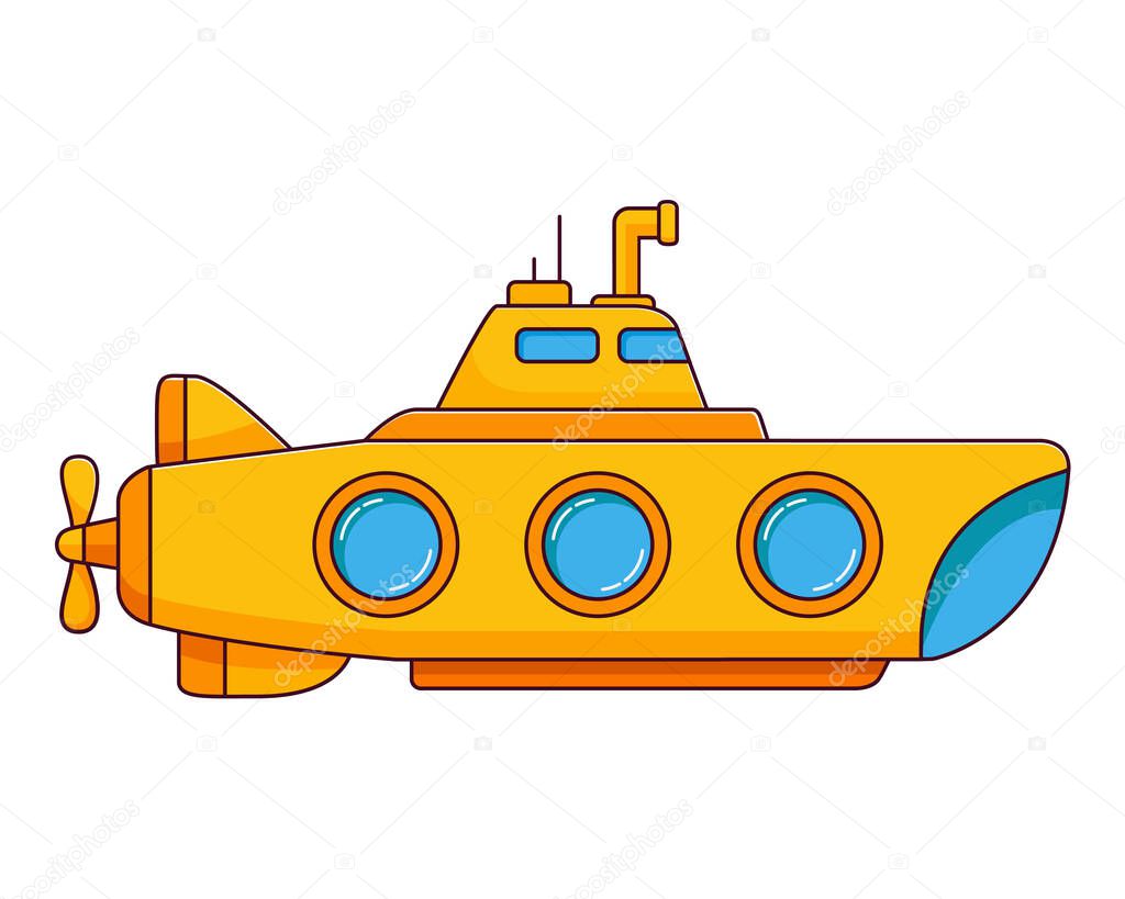 Yellow submarine.Sea adventure trip. Underwater ship.Sea ship travel vacation.