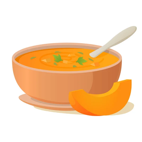 Un plato de sopa de calabaza con una cucharada.Sopa de verduras calientes. — Archivo Imágenes Vectoriales