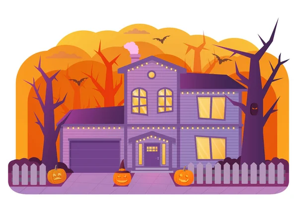 Halloween house decorated with garlands.Bats and pumpkin. — Stock Vector