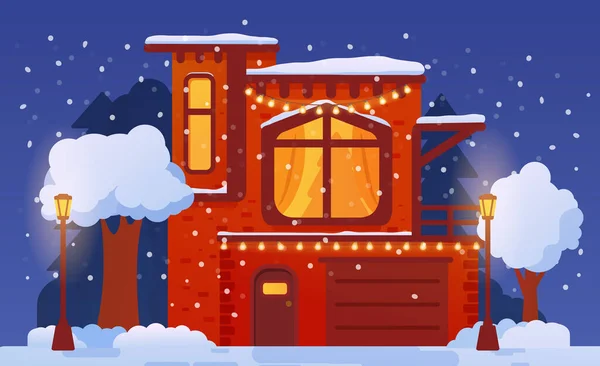 Vánoční dům zdobený světélkujícími pouličními světly a pokrytý sněhem,. — Stockový vektor