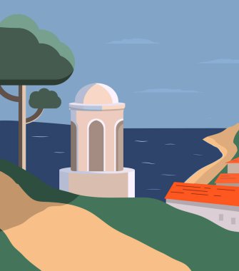 İtalya 'da yaz mevsimi. Akdeniz ve binalarla dolu yaz manzarası..