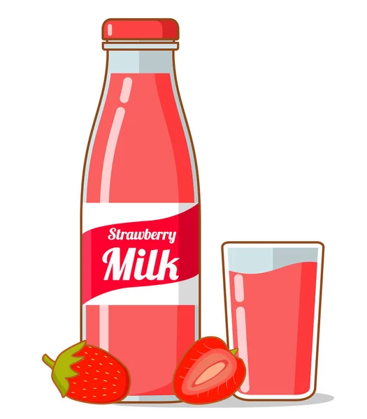 Jahodové mléko. Mléčný koktejl.Skleněná láhev mléka. — Stockový vektor