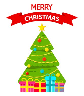 Madalyalı Noel ağacı. Mutlu noeller. Hediye kutuları.