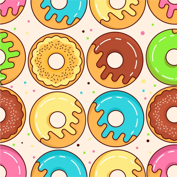 Naadloos patroon geglazuurde donuts. Kleurrijke gebakjes vlakke vector. — Stockvector